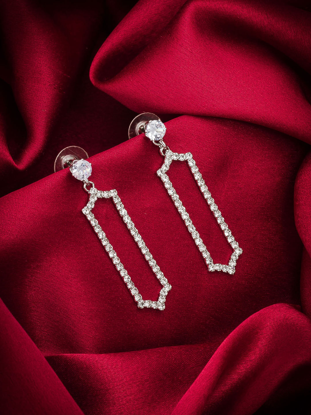 

aadita Silver-Plated Geometric Shaped AD Studded Drop Earrings, White