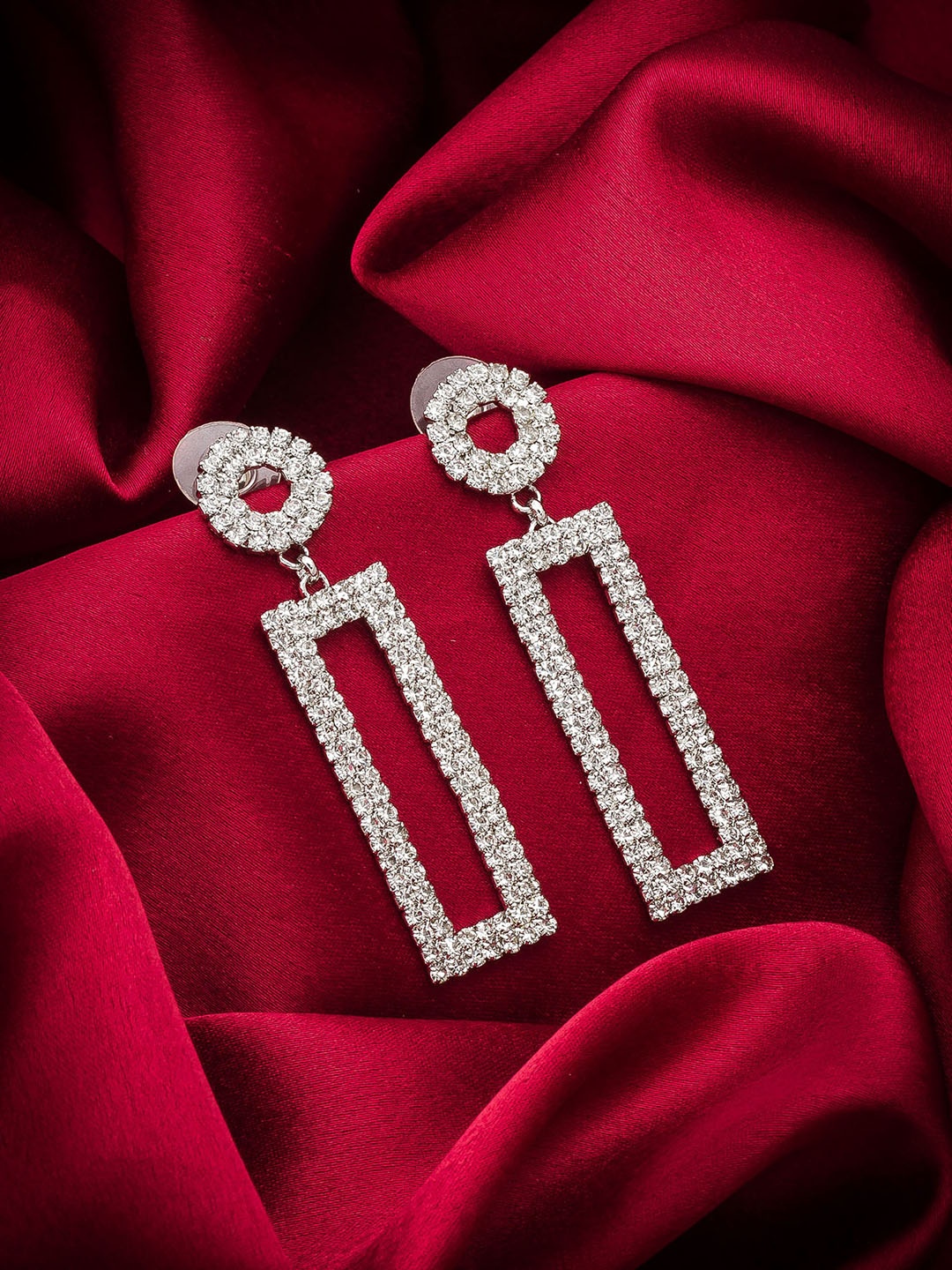 

aadita Silver-Plated Geometric Shaped AD Studded Drop Earrings, White