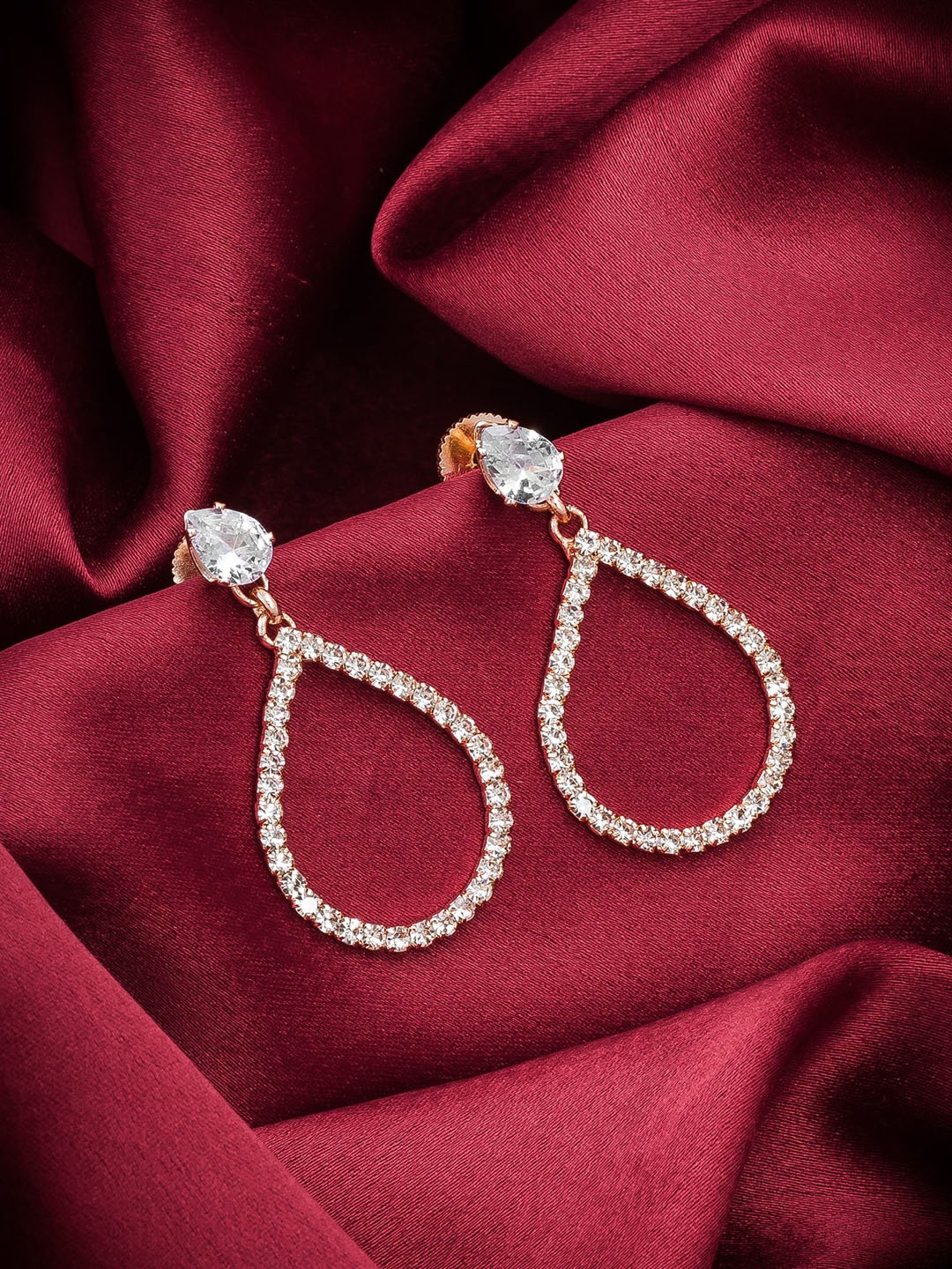 

aadita Rose Gold Plated Geometric Shaped AD Studded Drop Earrings, White