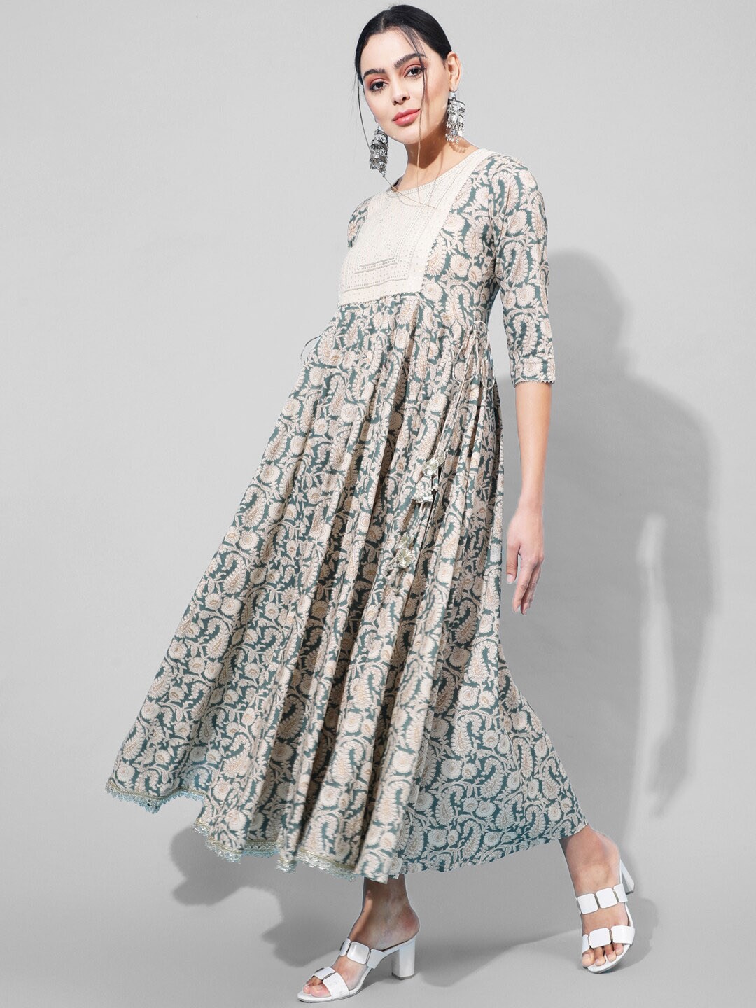 

GULMOHAR JAIPUR Ethnic Motifs Printed Anarkali Kurta, Grey