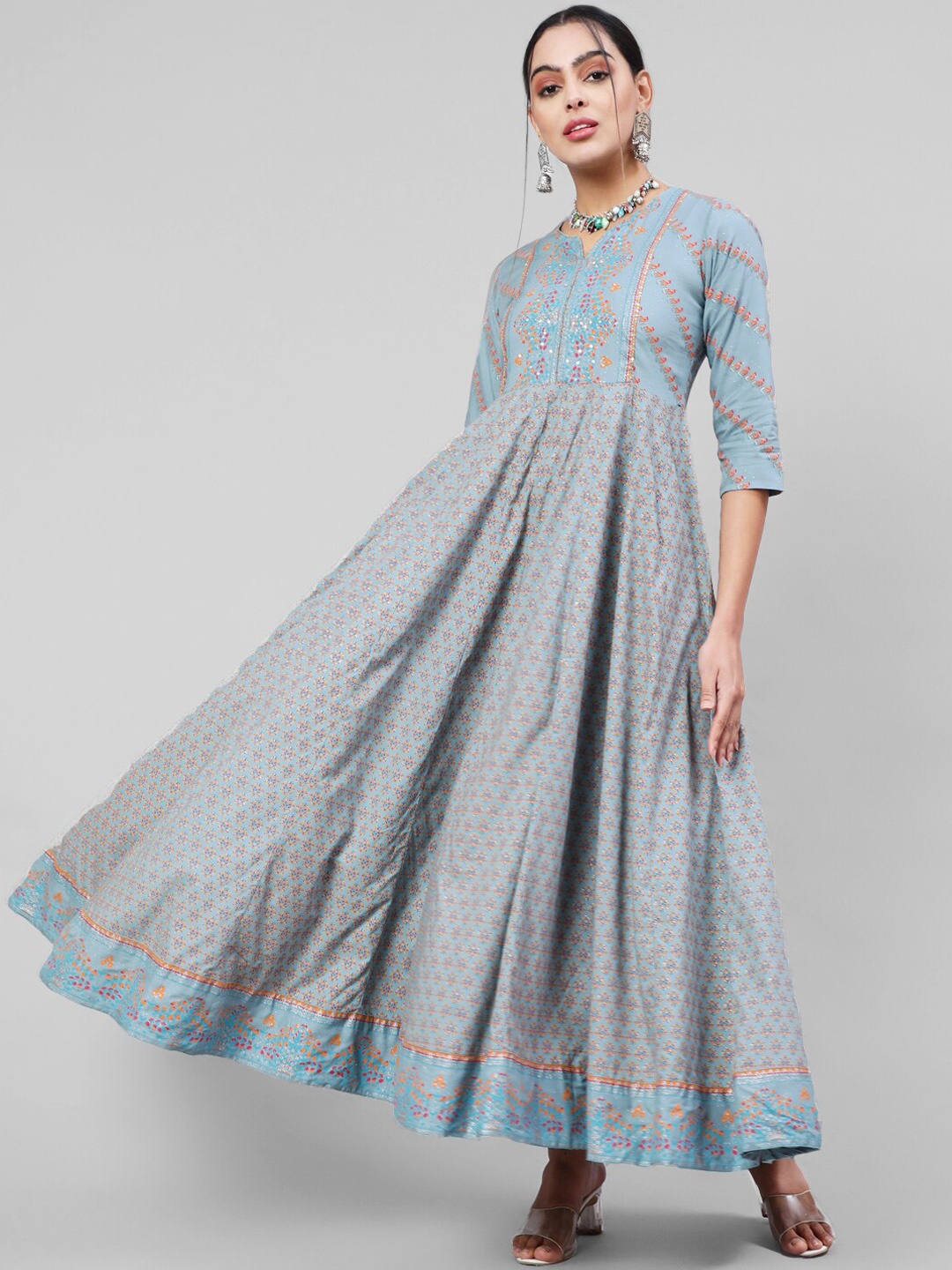 

GULMOHAR JAIPUR Floral Printed Round Neck Anarkali Kurta, Grey