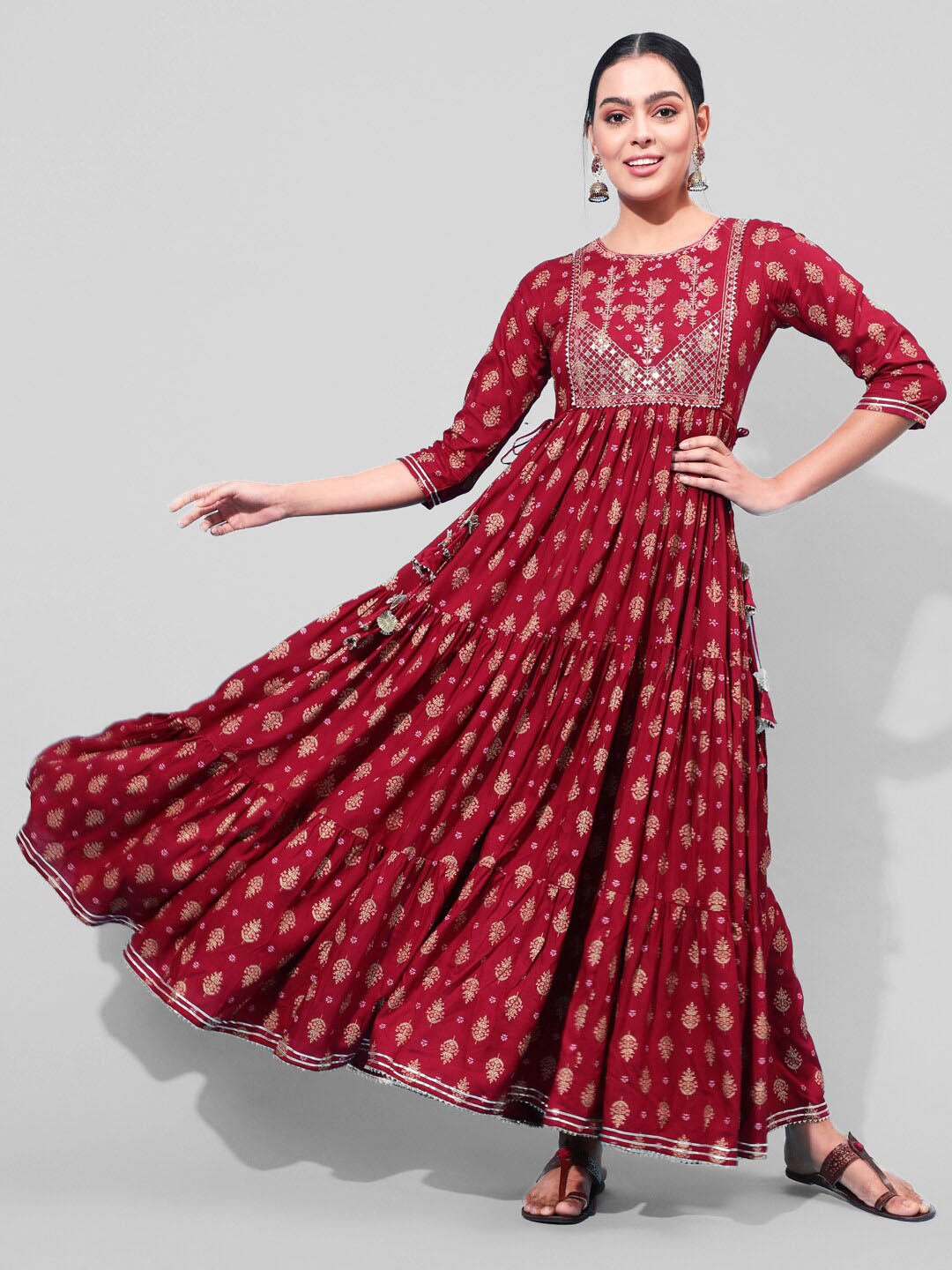 

GULMOHAR JAIPUR Floral Printed Gotta Patti Detail Anarkali Kurta, Maroon