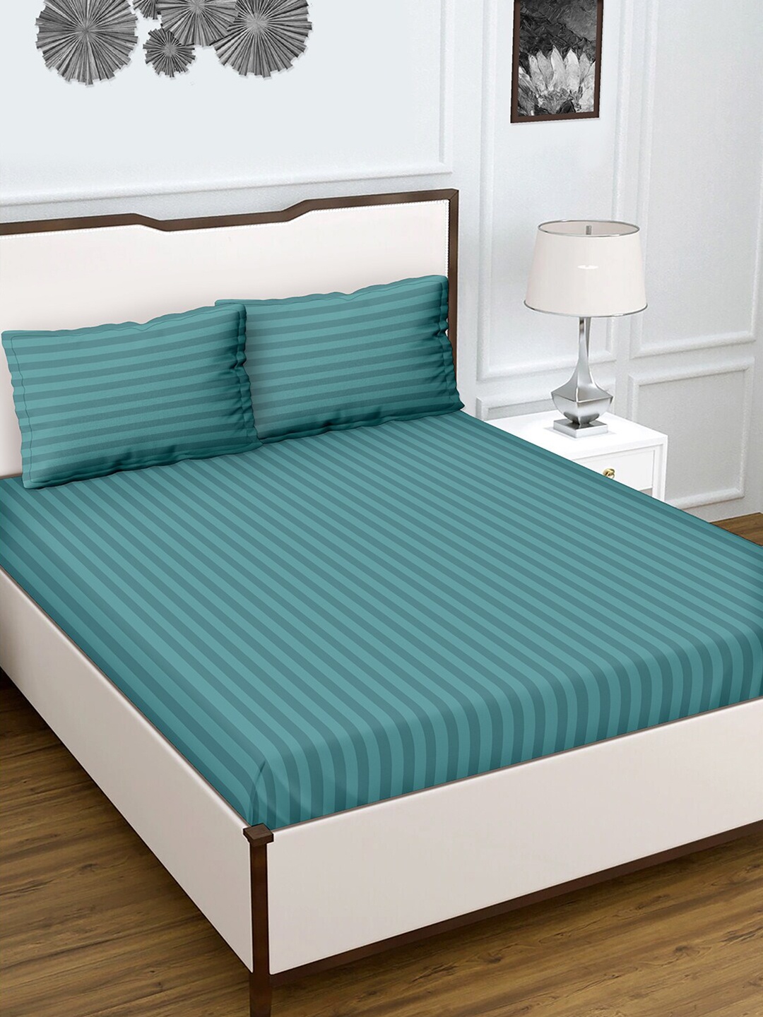 

BELLA CASA Crystal Collection Teal Striped 210 TC Flat King Bedsheet with 2 Pillow Covers