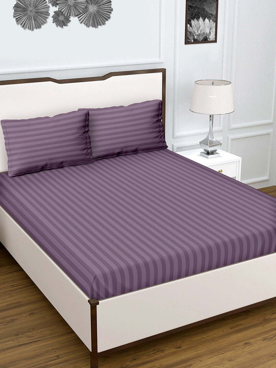 

BELLA CASA Crystal Purple Striped 210 TC Cotton Flat King Bedsheet & 2 Pillow Covers