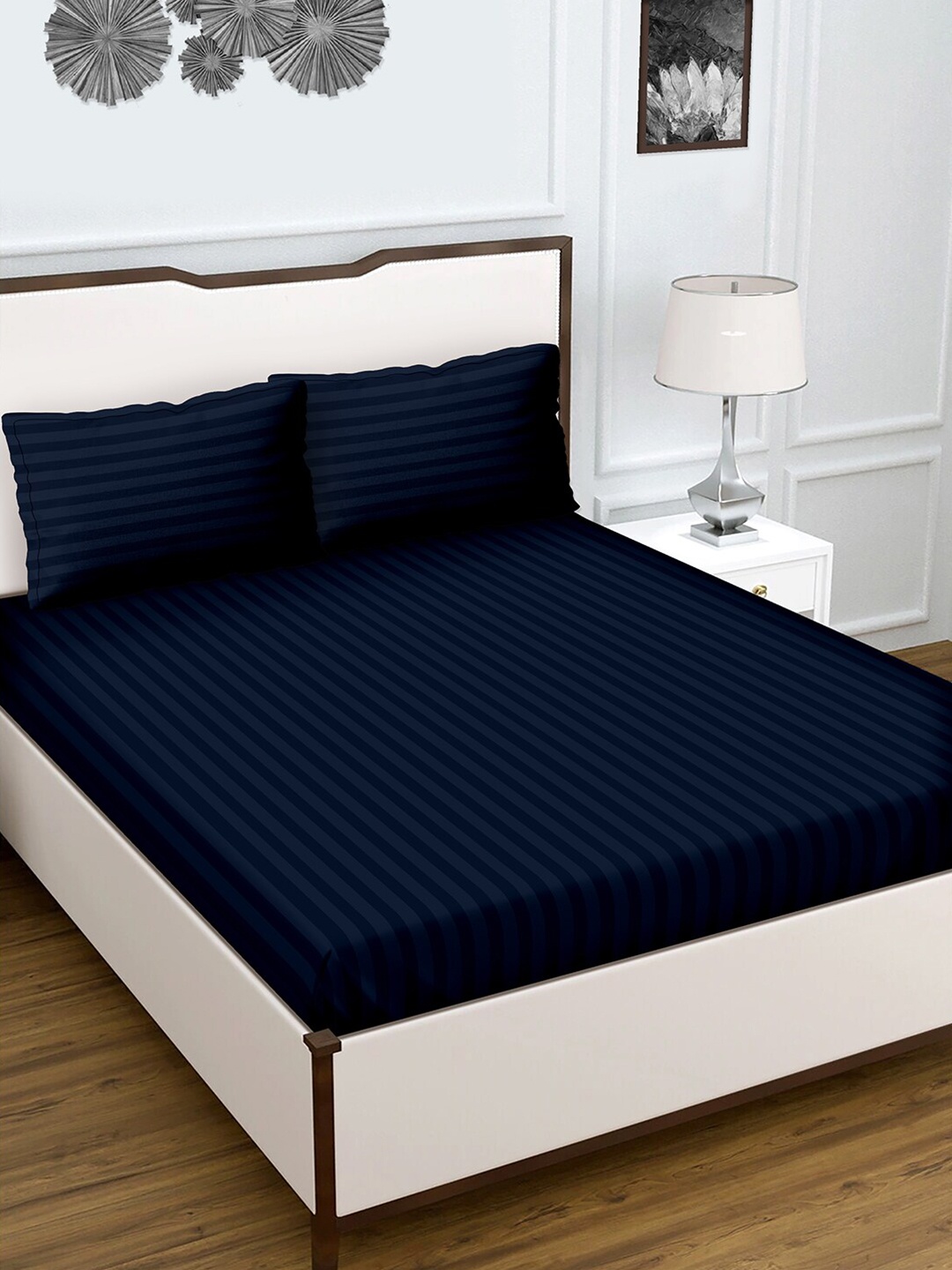 

BELLA CASA Crystal Navy Blue Striped 210 TC Cotton Flat King Bedsheet & 2 Pillow Covers