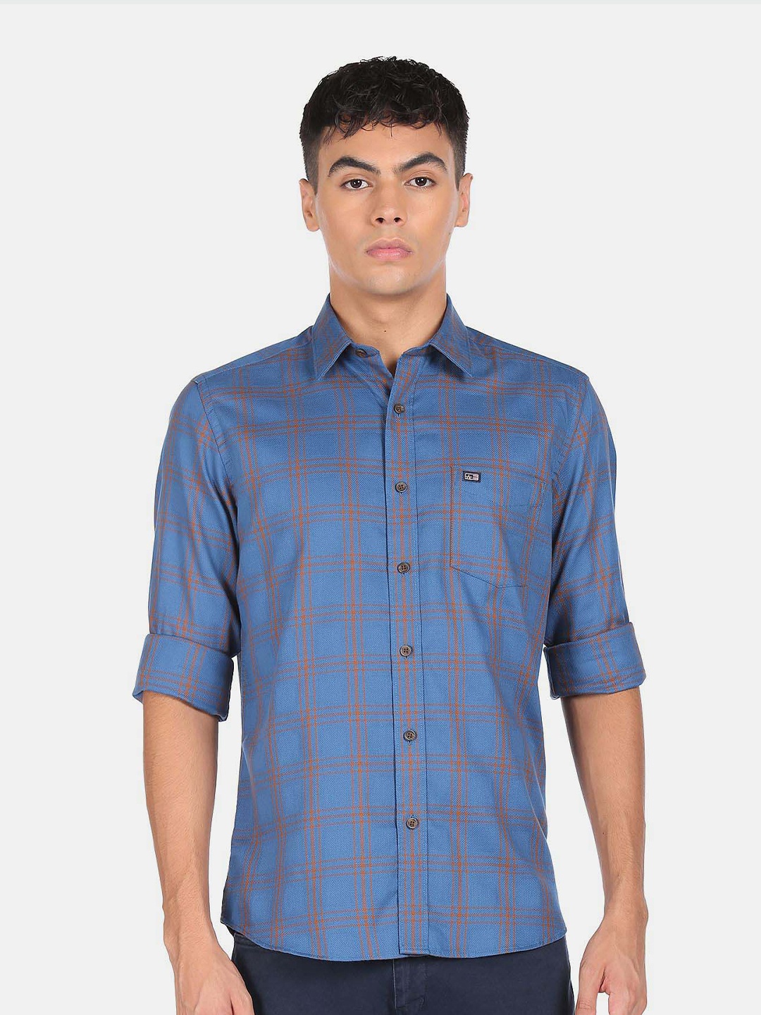 

Arrow Spread Collar Checked Pure Cotton Casual Shirt, Blue