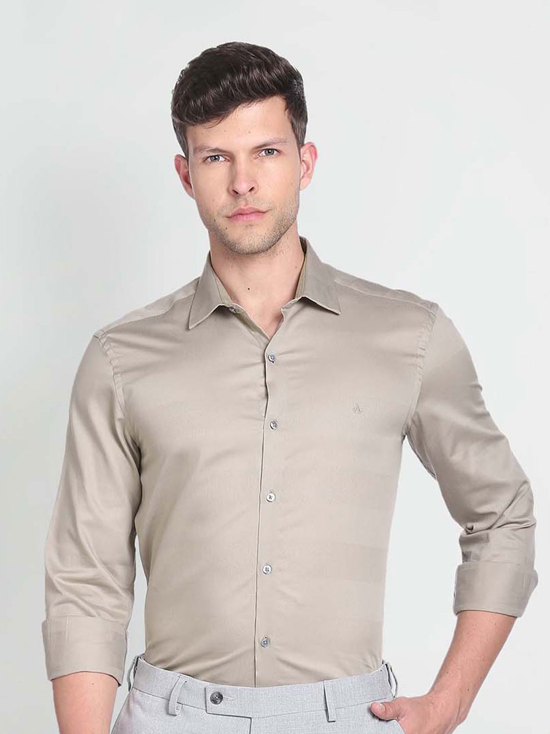 

Arrow Button Cuff Long Sleeves Slim Fit Formal Cotton Shirt, Beige