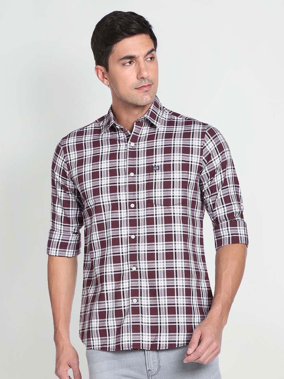 

Arrow Sport Slim Fit Tartan Checked Cotton Casual Shirt, Maroon