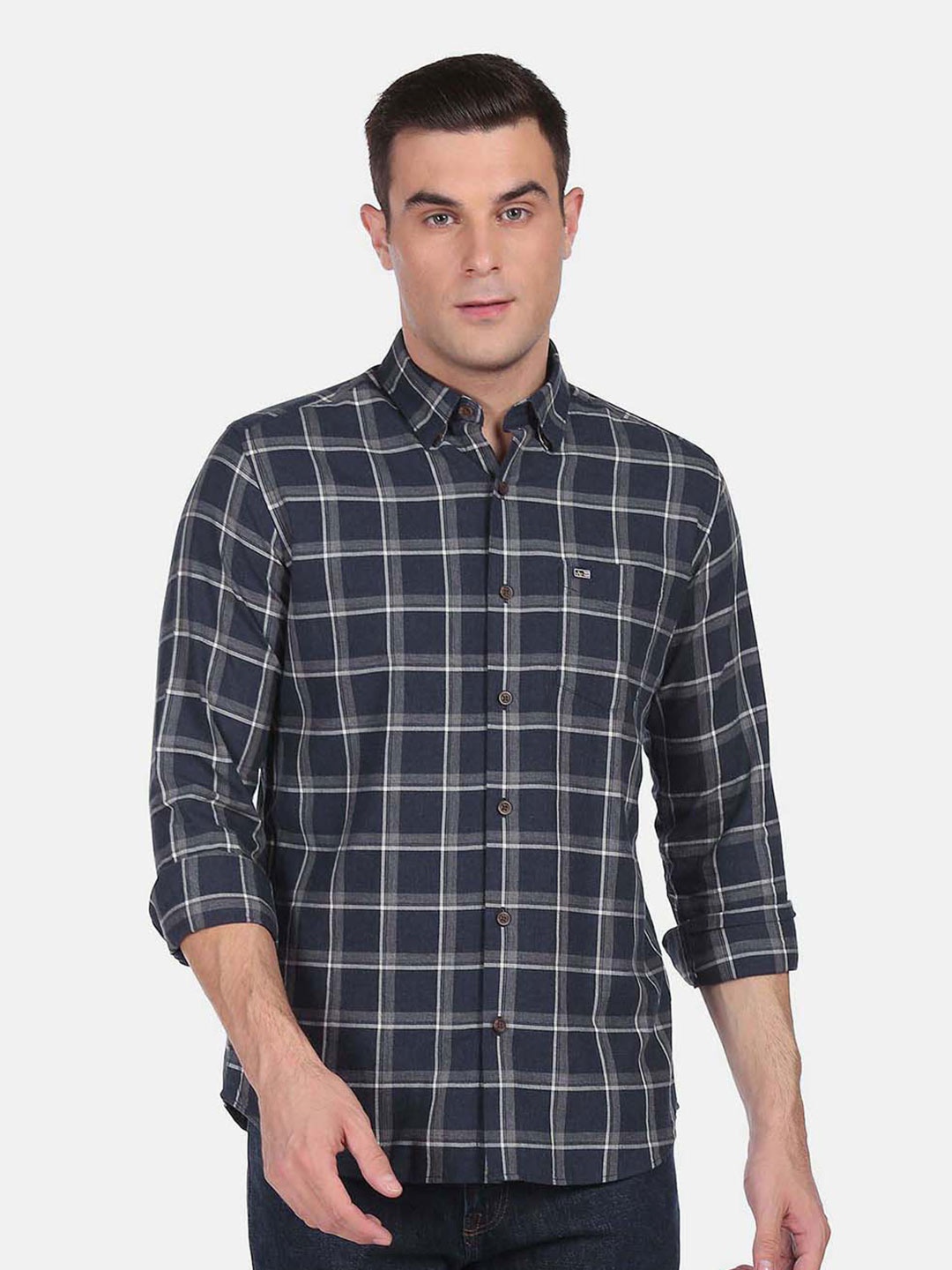 

Arrow Sport Long Sleeves Patch Pocket Slim Fit Checked Casual Cotton Shirt, Blue