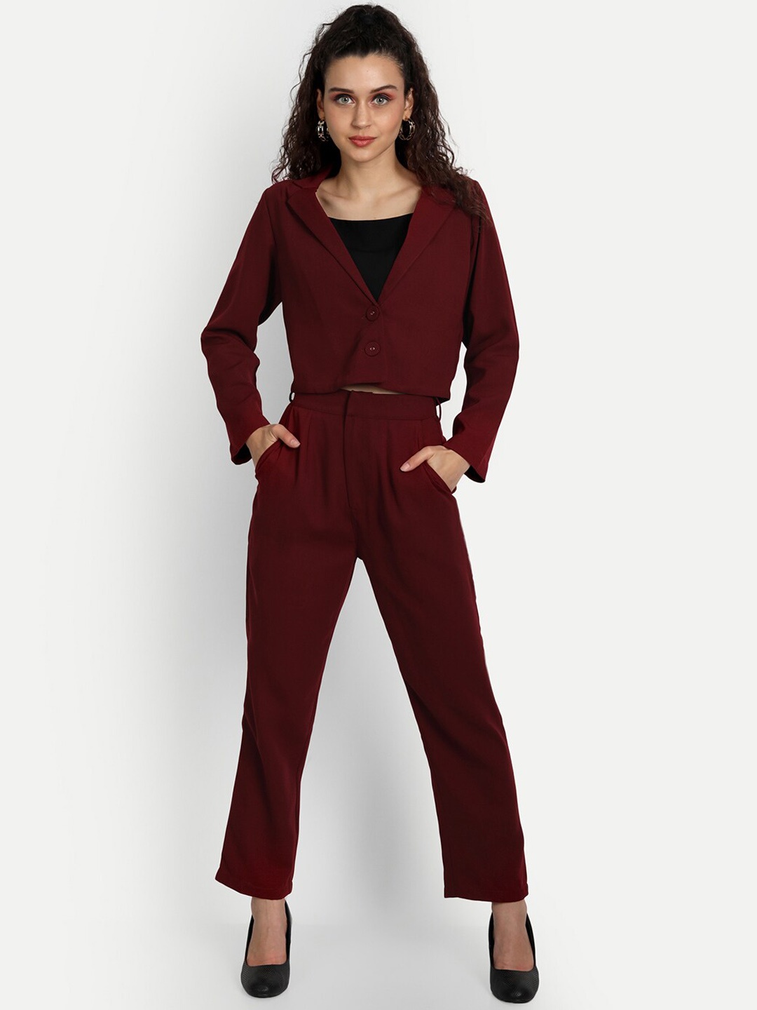 

ESSQUE Women Long Sleeves Crop Blazer with Trouser Co-Ord Set, Burgundy