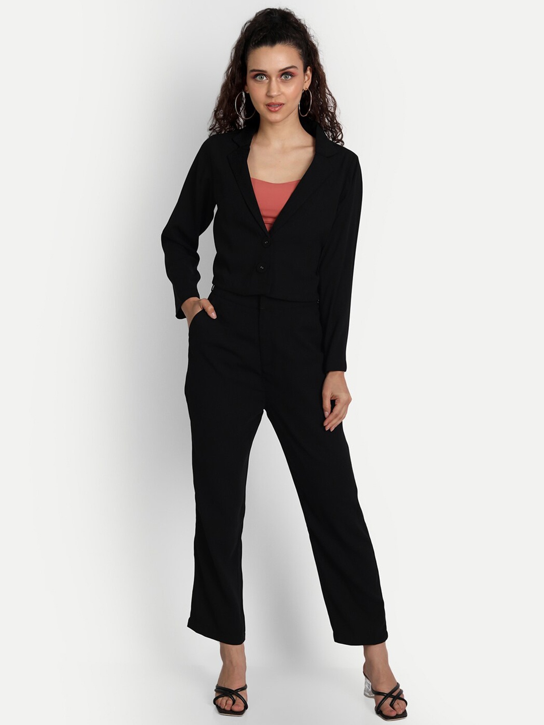 

ESSQUE Solid Shawl Neck Crop Blazer & Trouser, Black