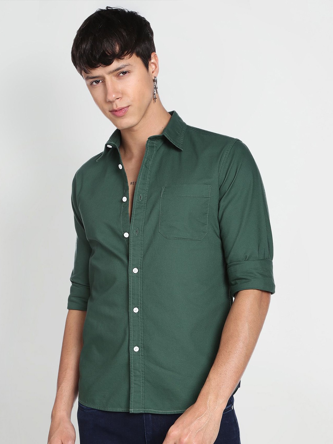 

Flying Machine Spread Collar Pure Cotton Slim Fit Casual Shirt, Green