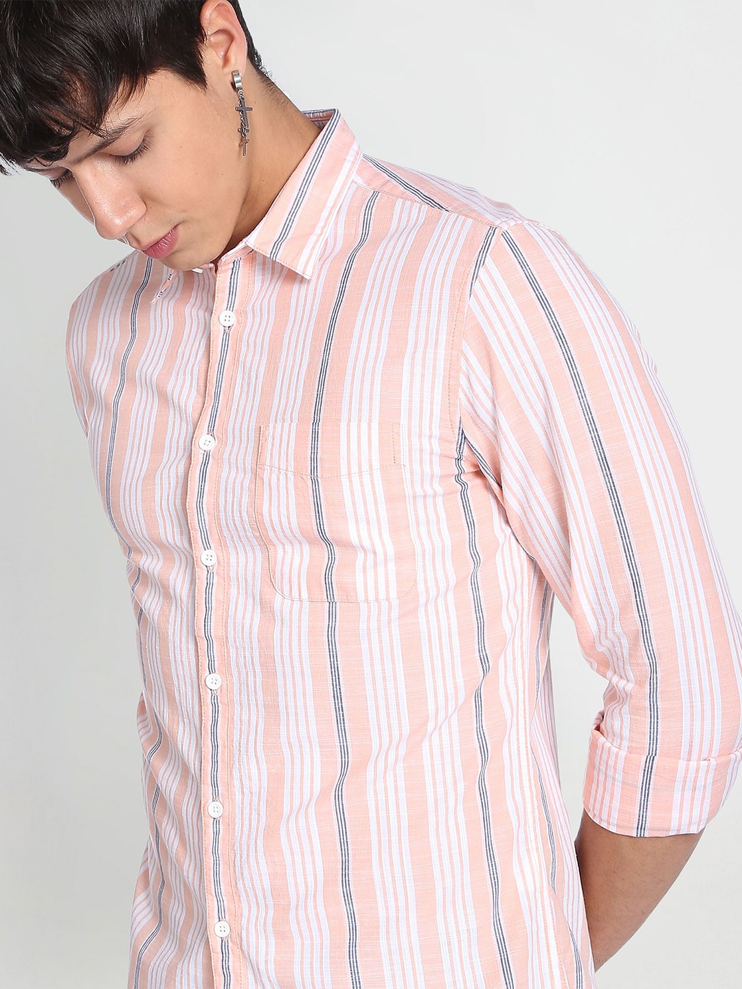 

Flying Machine Vertical Stripe Slim Fit Casual Shirt, Orange