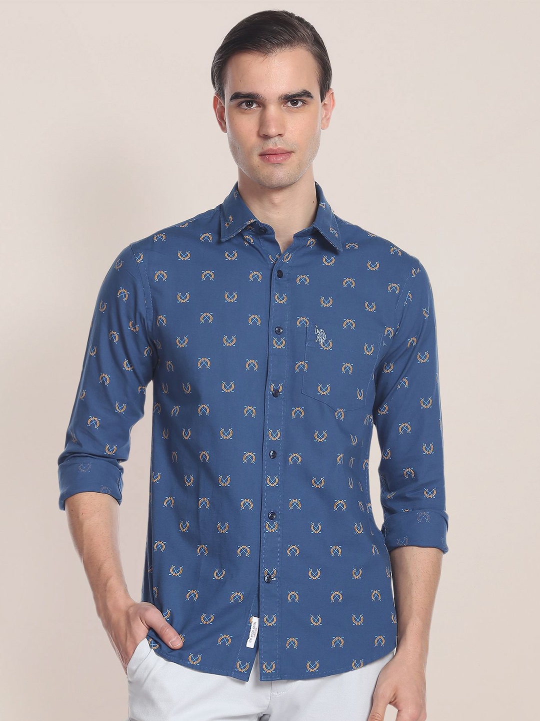

U.S. Polo Assn. Long Sleeves Patch Pocket Printed Casual Cotton Shirt, Blue