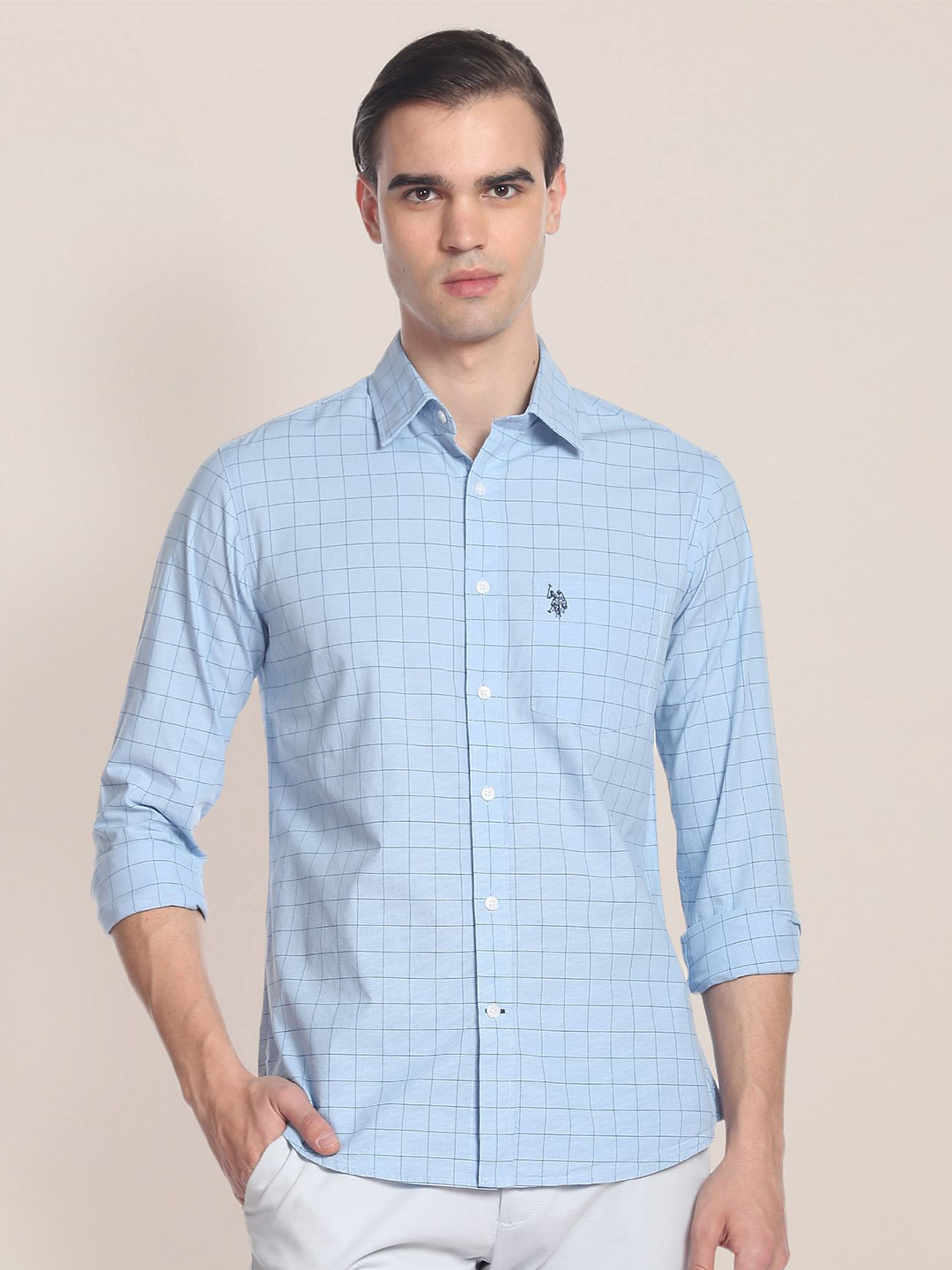 

U.S. Polo Assn. Long Sleeves Patch Pocket Checked Cotton Casual Shirt, Blue