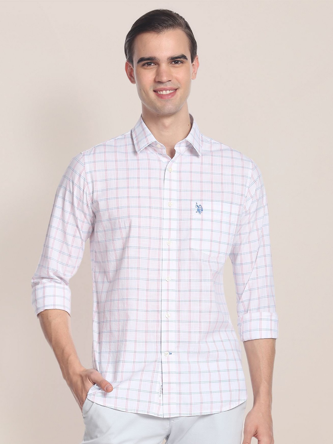 

U.S. Polo Assn. Grid Tattersall Checks Checked Cotton Casual Shirt, White