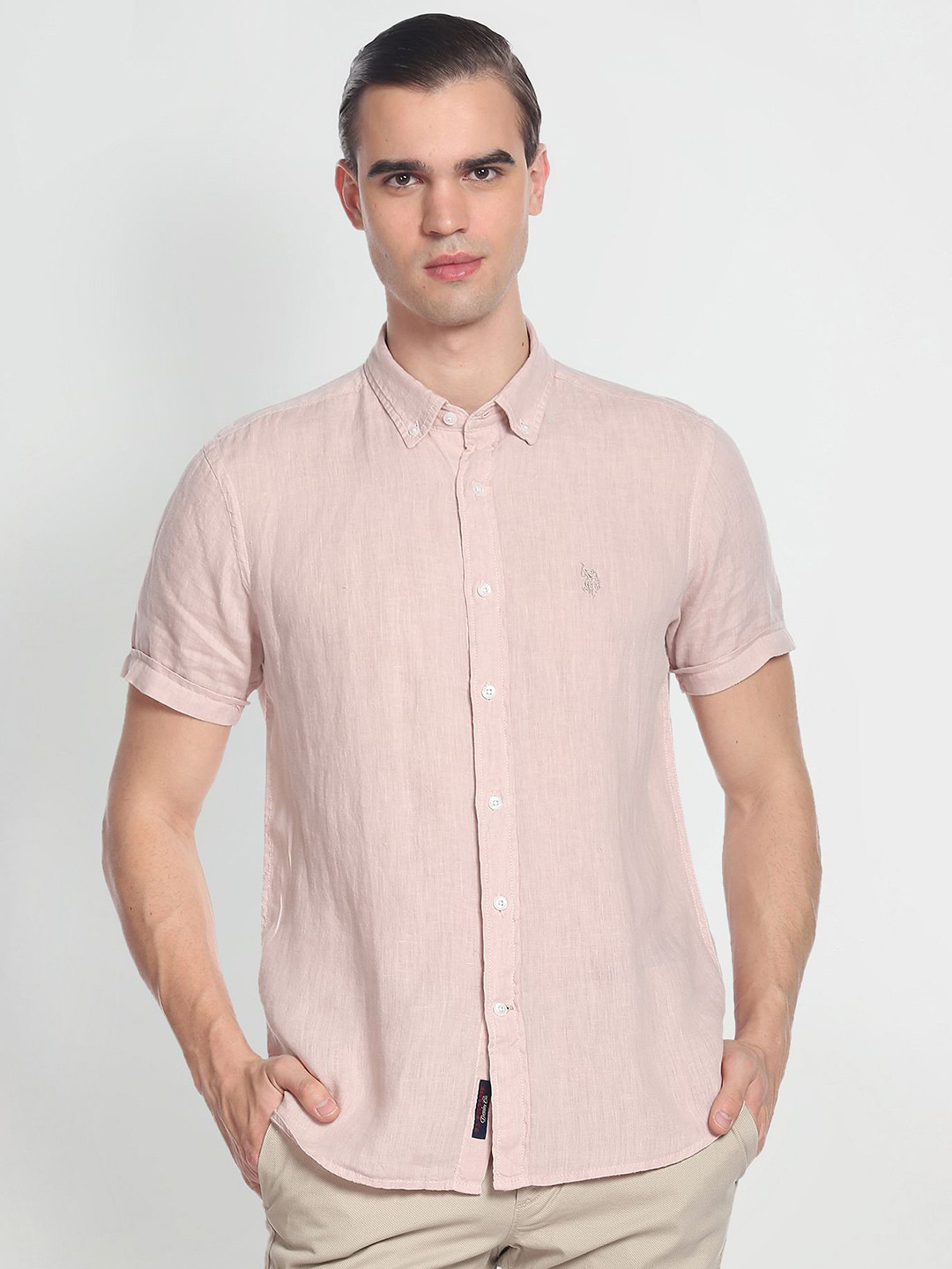 

U.S. Polo Assn. Denim Co. Button-Down Collar Casual Pure Linen Shirt, Pink