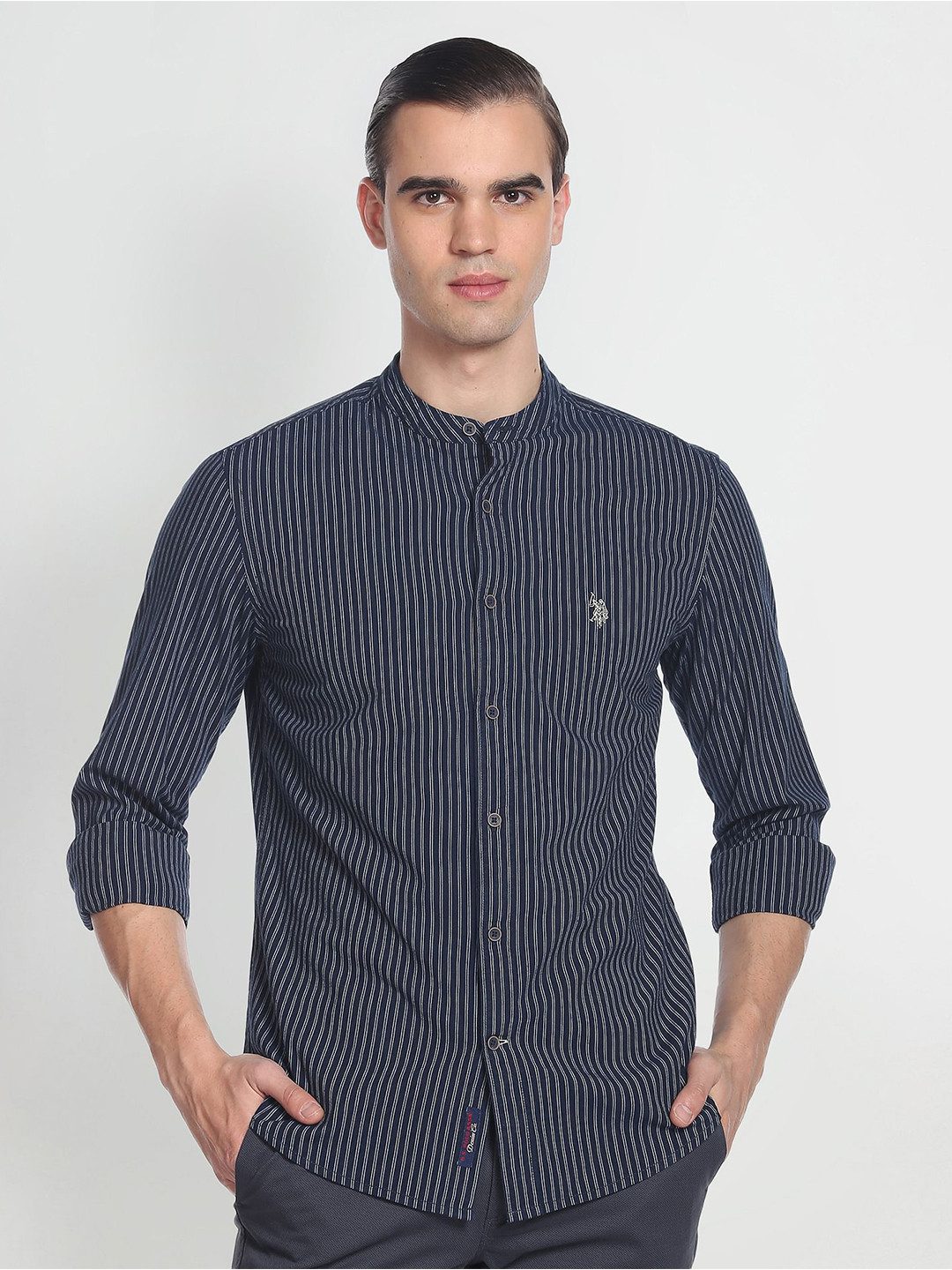

U.S. Polo Assn. Denim Co. Band Collar Vertical Striped Casual Shirt, Navy blue