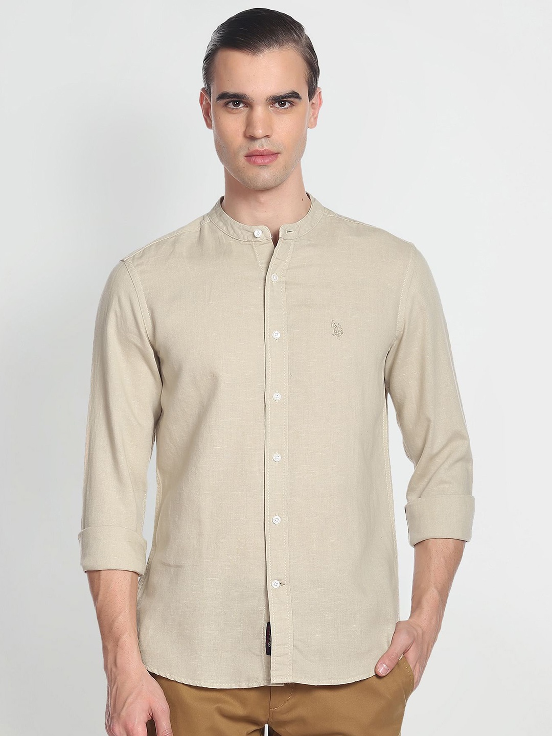 

U.S. Polo Assn. Denim Co. Mandarin Collar Cotton Linen Casual Shirt, Beige