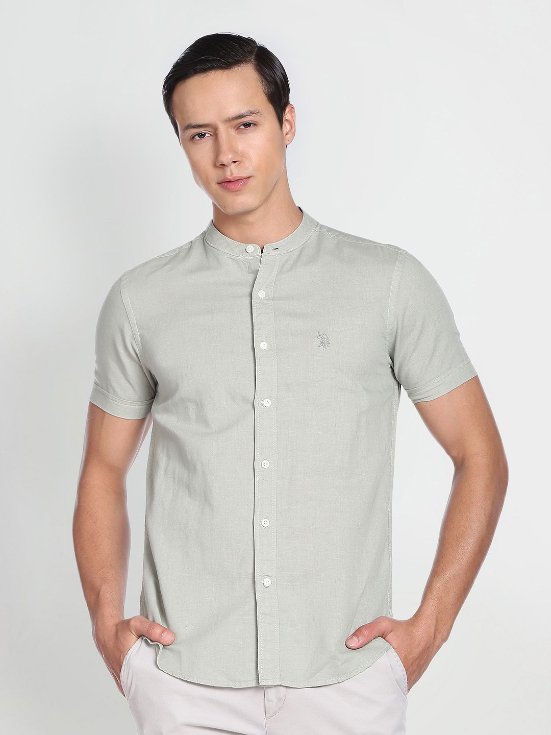 

U.S. Polo Assn. Denim Co. Mandarin Collar Casual Cotton Linen Shirt, Green