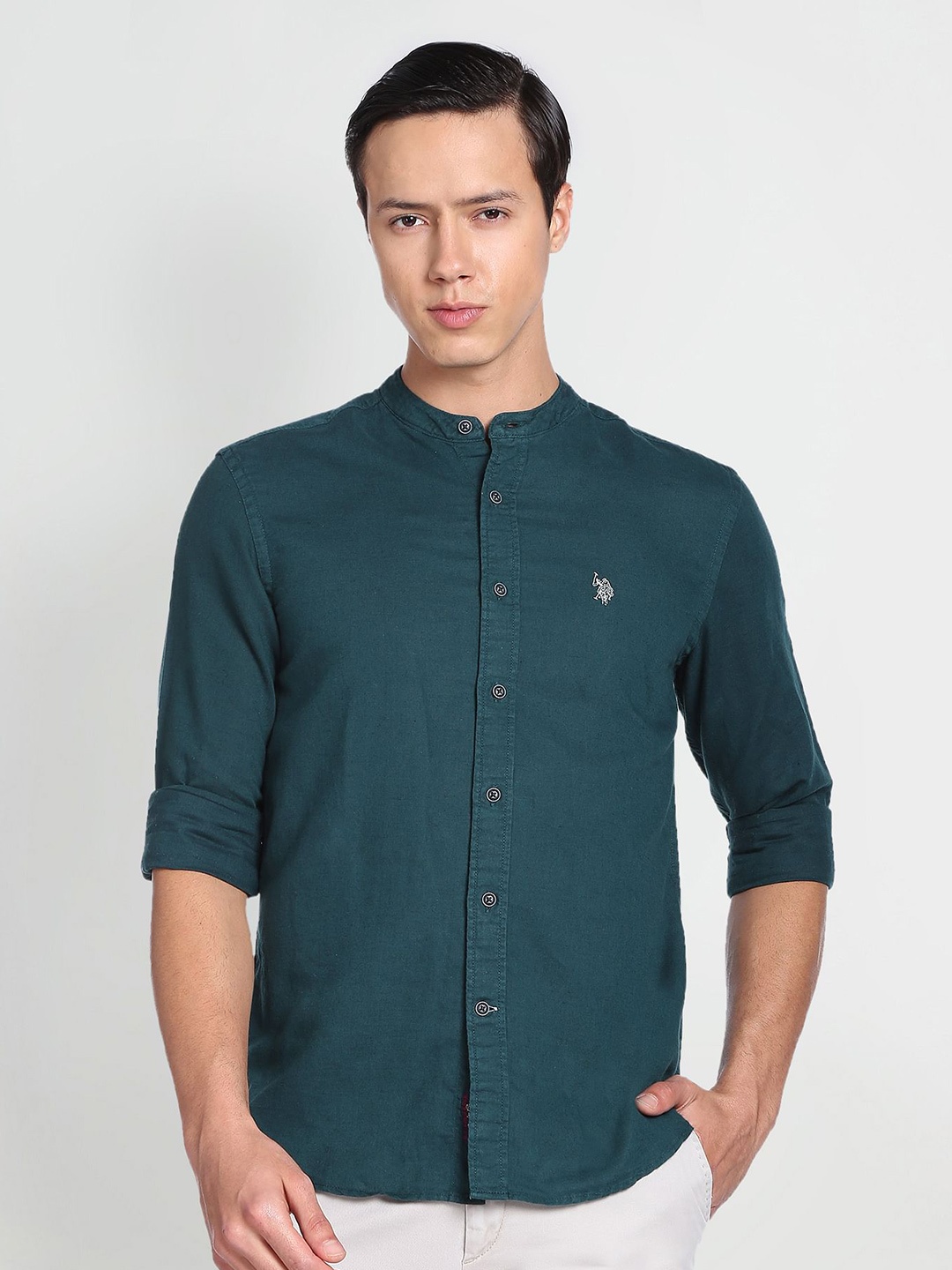 

U.S. Polo Assn. Denim Co. Long Sleeves Band Collar Casual Cotton Linen Shirt, Green