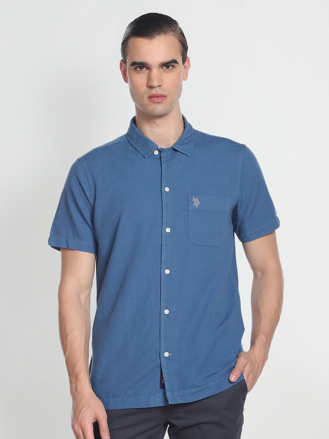 

U.S. Polo Assn. Denim Co. Spread Collar Cotton Linen Casual Shirt, Blue