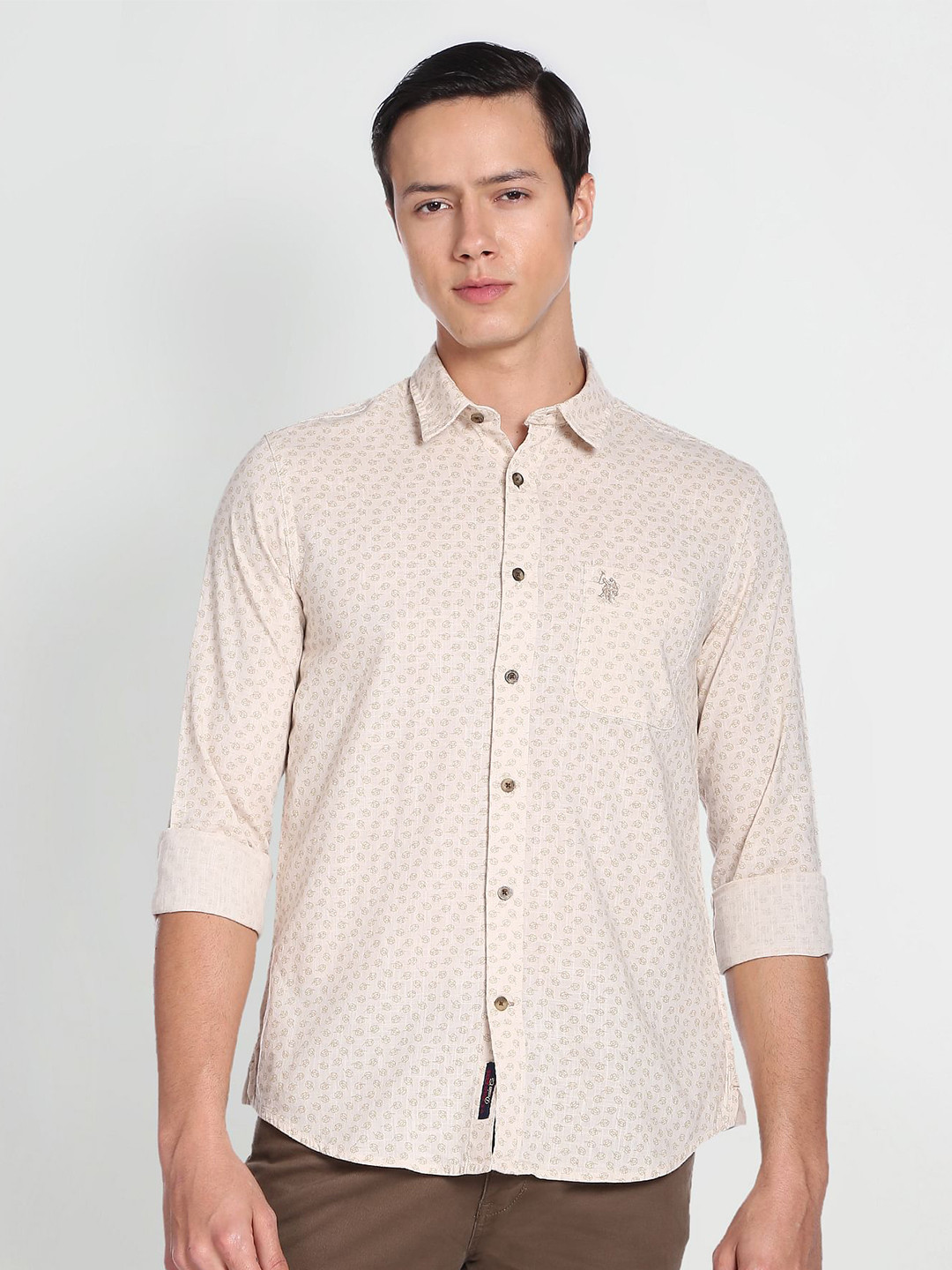

U.S. Polo Assn. Denim Co. Micro Ditsy Printed Pure Cotton Casual Shirt, Beige