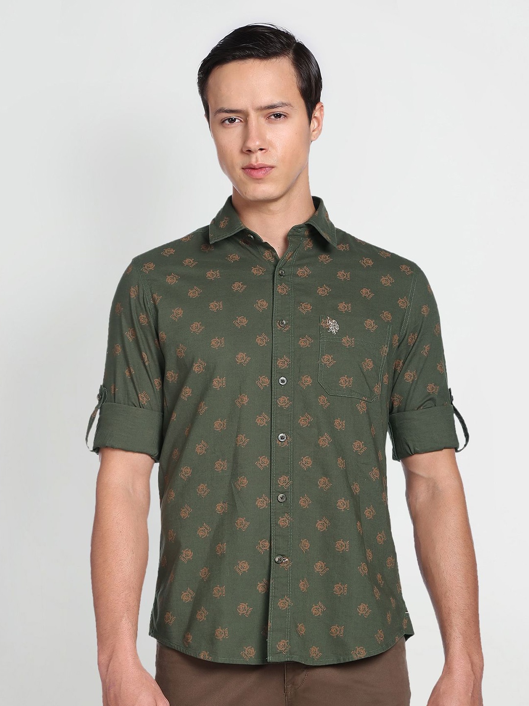 

U.S. Polo Assn. Denim Co. Spread Collar Printed Pure Cotton Casual Shirt, Green