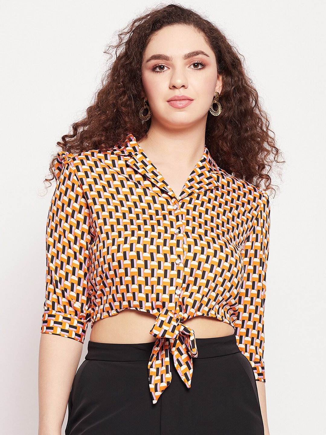 

Madame Waist Tie-Up Geometric Print Shirt Style Crop Top, Orange