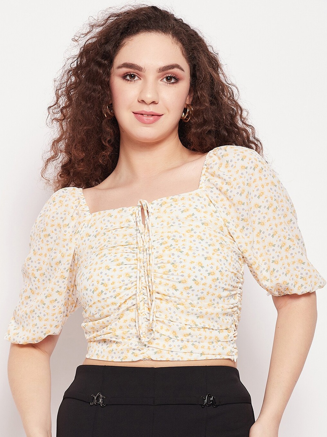 

Madame Tie-Up Neck Puff Sleeves Floral Printed Crop Top, Yellow