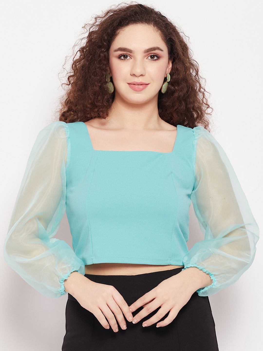 

Madame Puff Sleeves Square Neck Crop Top, Turquoise blue