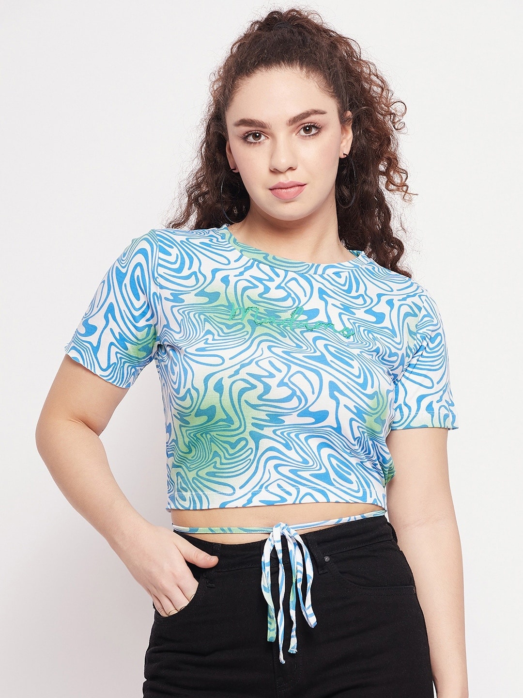 

Madame Abstract Print Crop Top, Blue