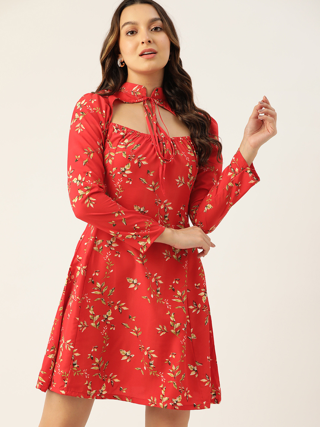 

DressBerry Floral Tie-Up Neck Crepe A-Line Dress With Cut-Out Detail, Red