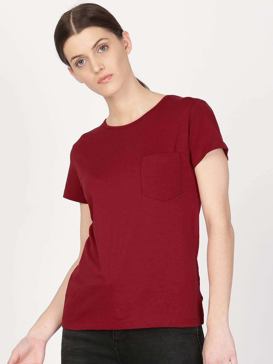 

ether Women Maroon Solid Round Neck T-shirt