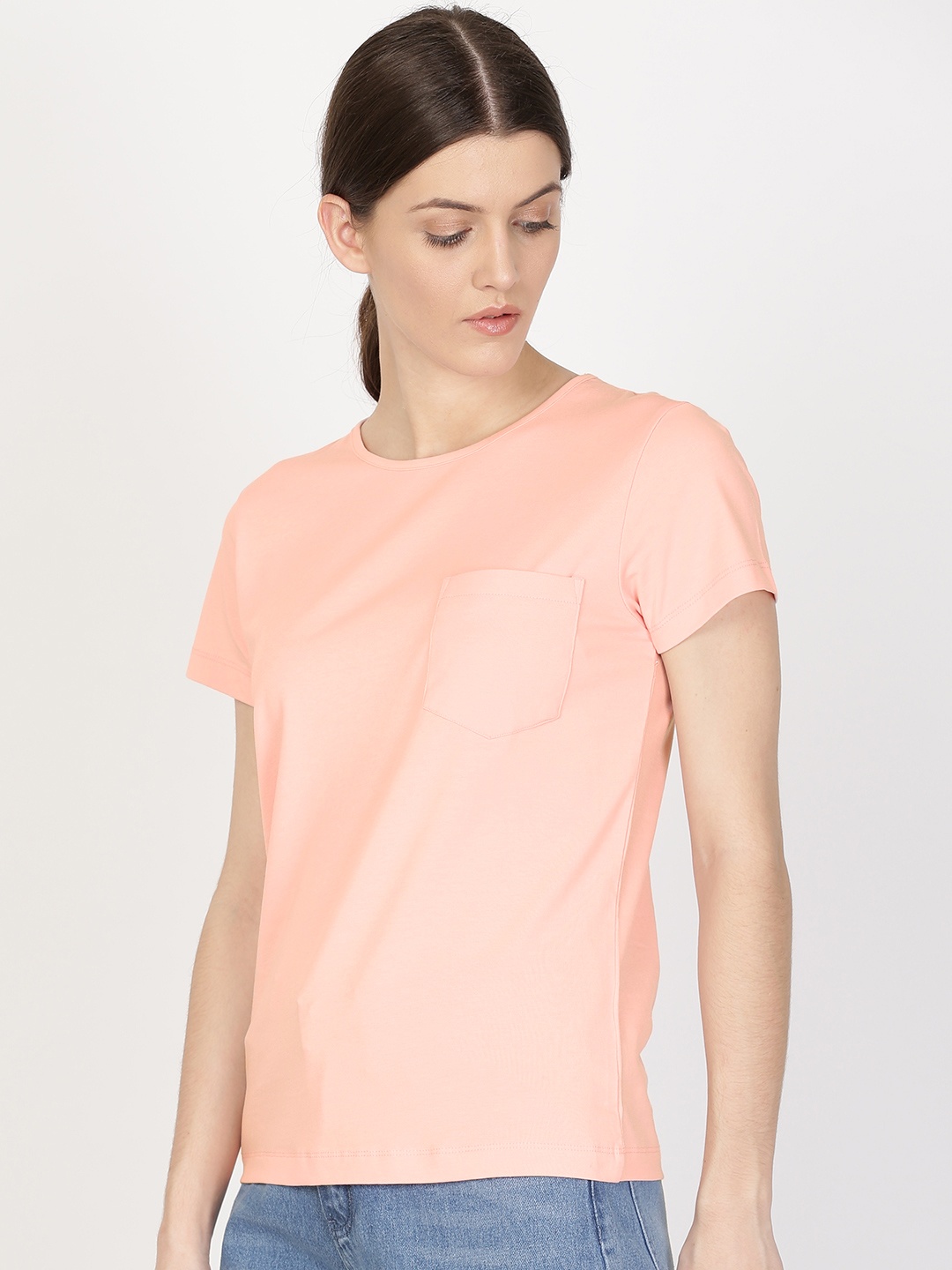 

ether Women Peach-Coloured Solid Round Neck T-shirt