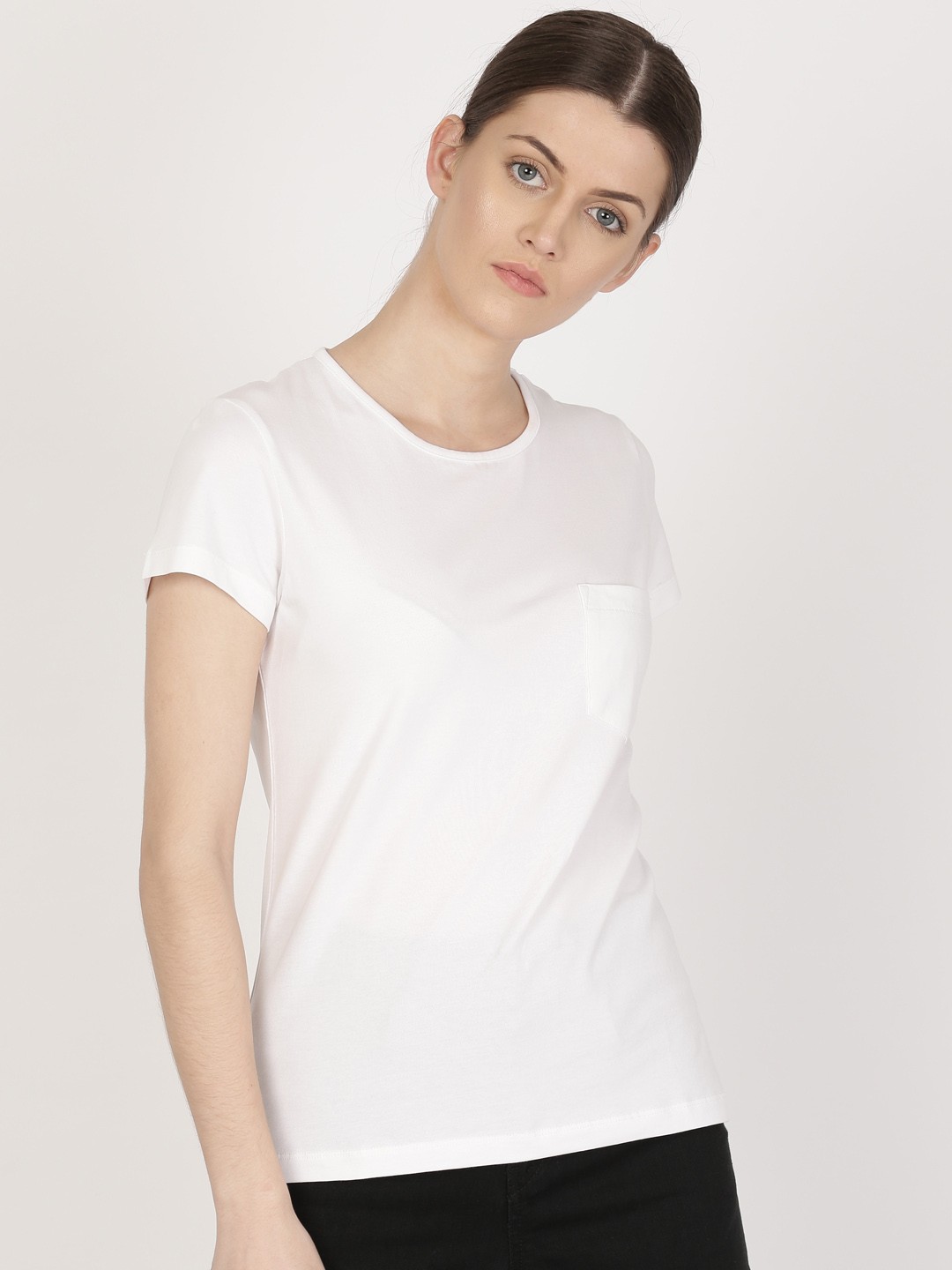 

ether Women White Solid Round Neck T-shirt