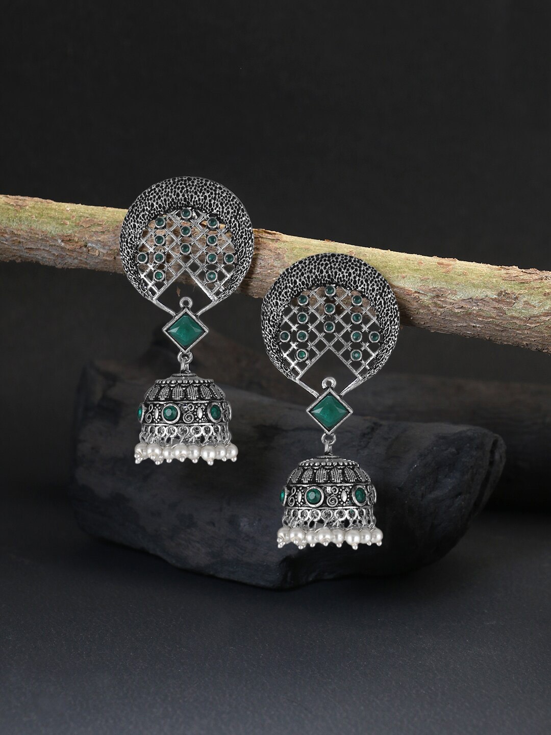 

Adwitiya Collection Silver-Plated Dome Shaped Jhumkas Earrings, Green