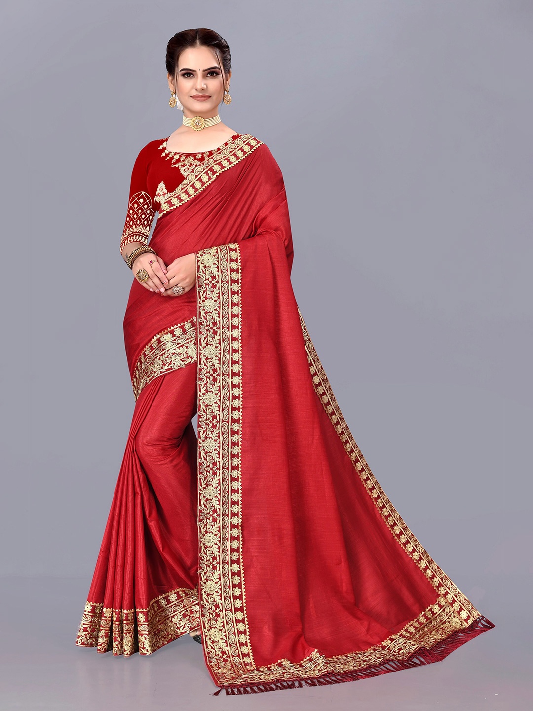 

Fashion FRICKS Embroidered Heavy Work Pure Silk Saree, Red