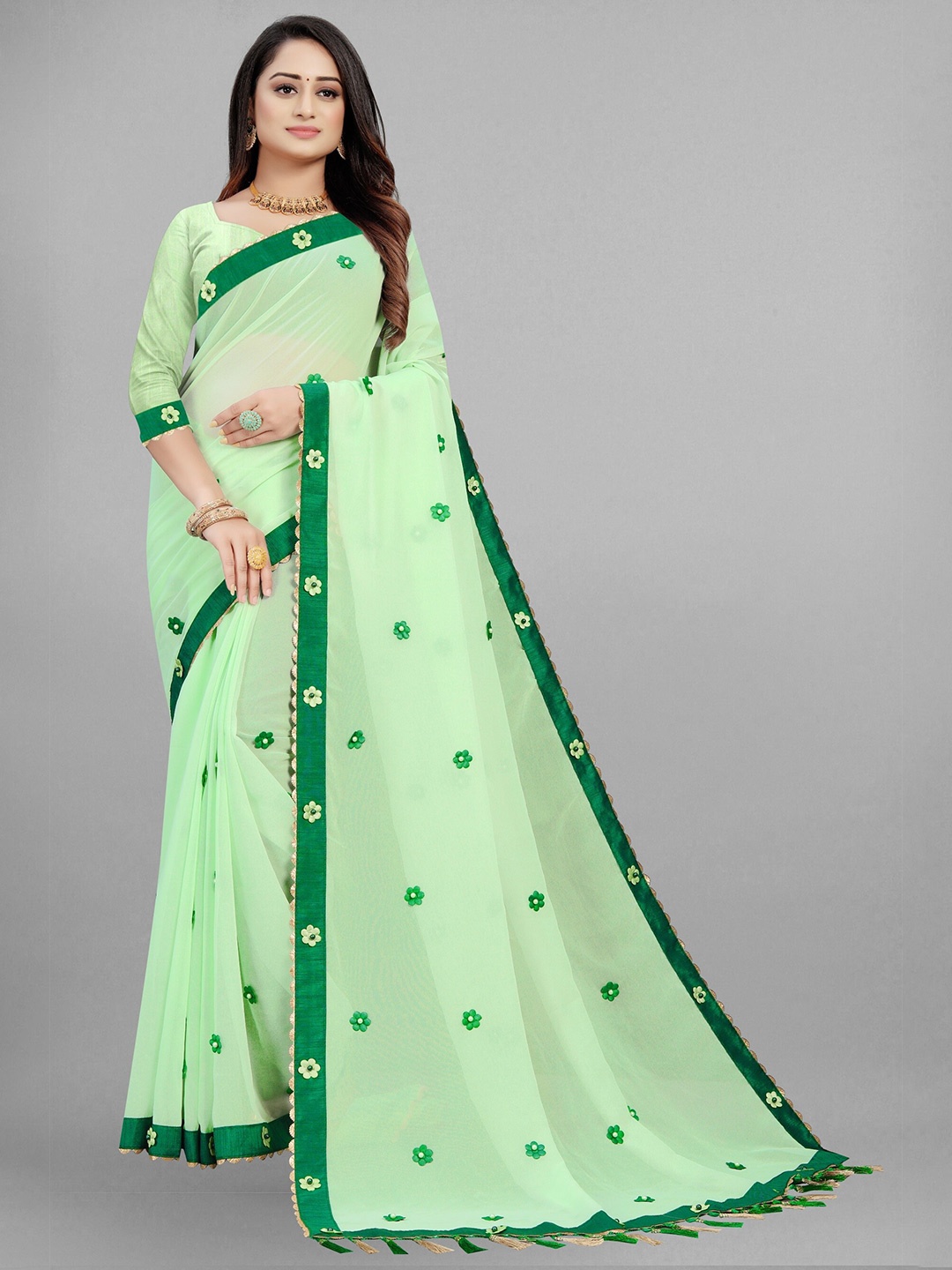

Fashion FRICKS Floral Embellished Pure Georgette Saree, Green
