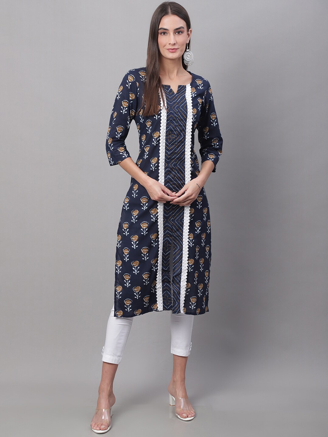 

FERANOID Floral Printed Pure Cotton Kurta, Blue