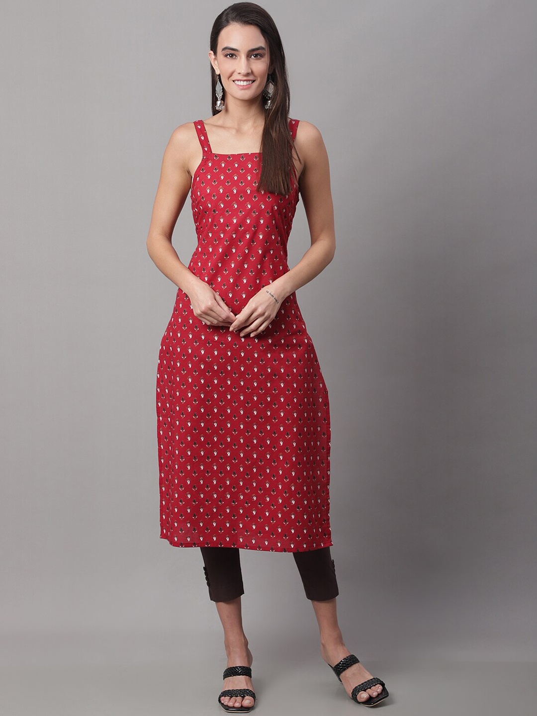 

FERANOID Ethnic Motifs Printed Pure Cotton Indie Prints Kurta, Red