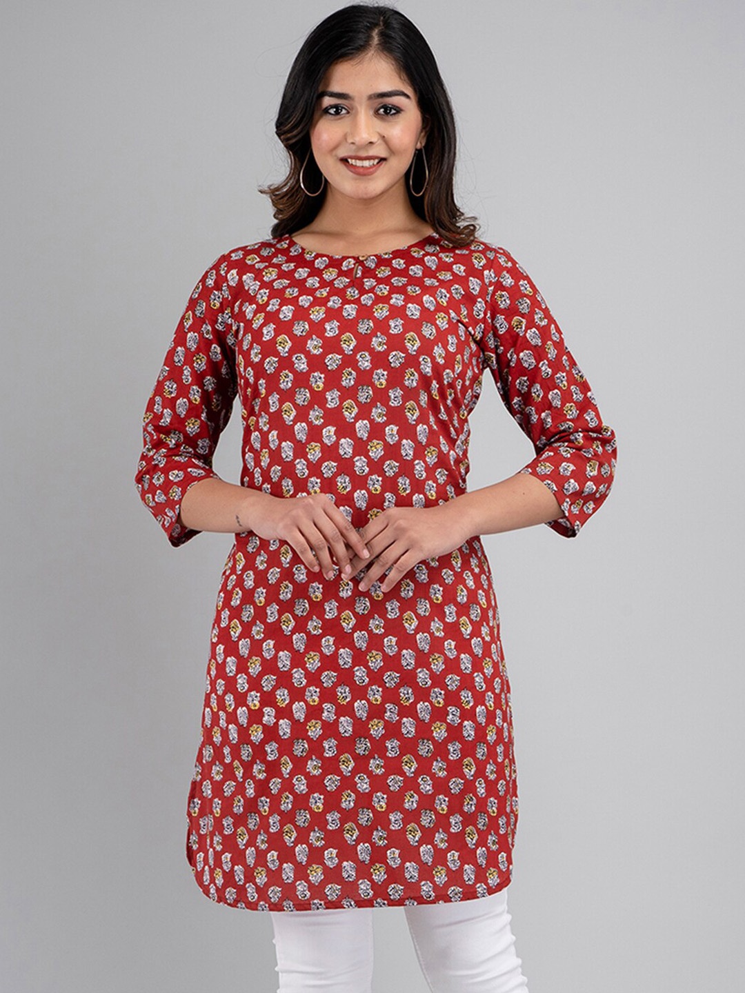 

FERANOID Ethnic Motifs Printed Block Print Pure Cotton Kurta, Red