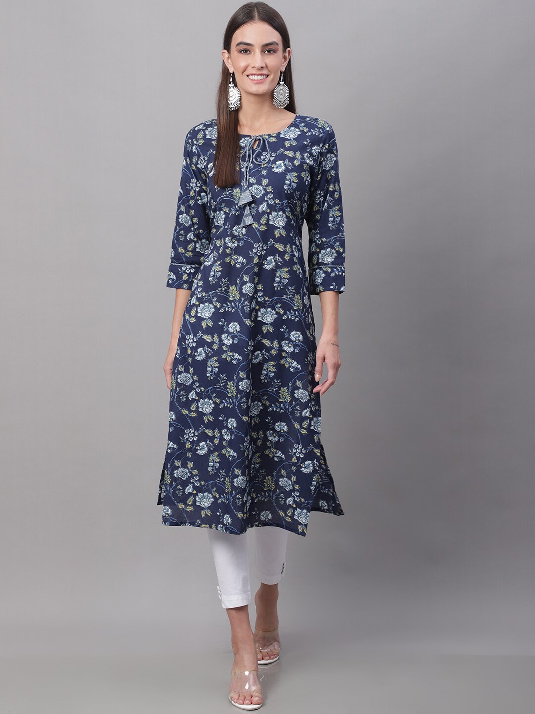 

FERANOID Floral Printed Tie-Up Neck Pure Cotton Kurta, Blue