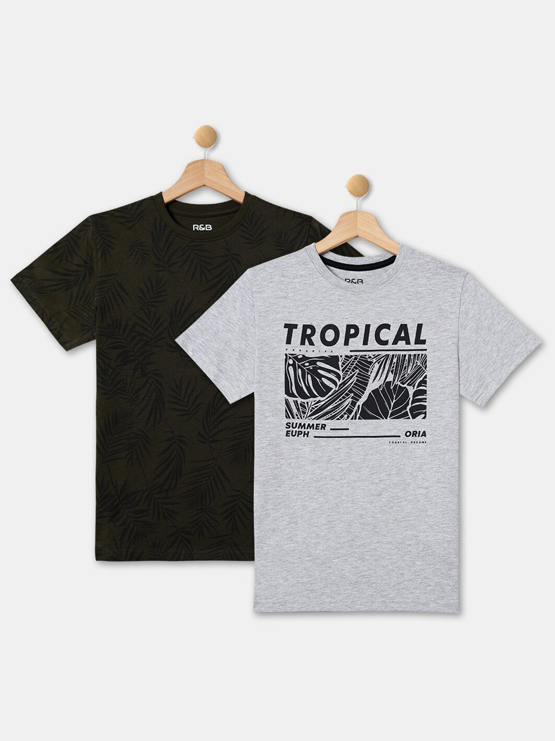 

R&B Boys Pack Of 2 Typography Printed Tropical T-shirt, Grey