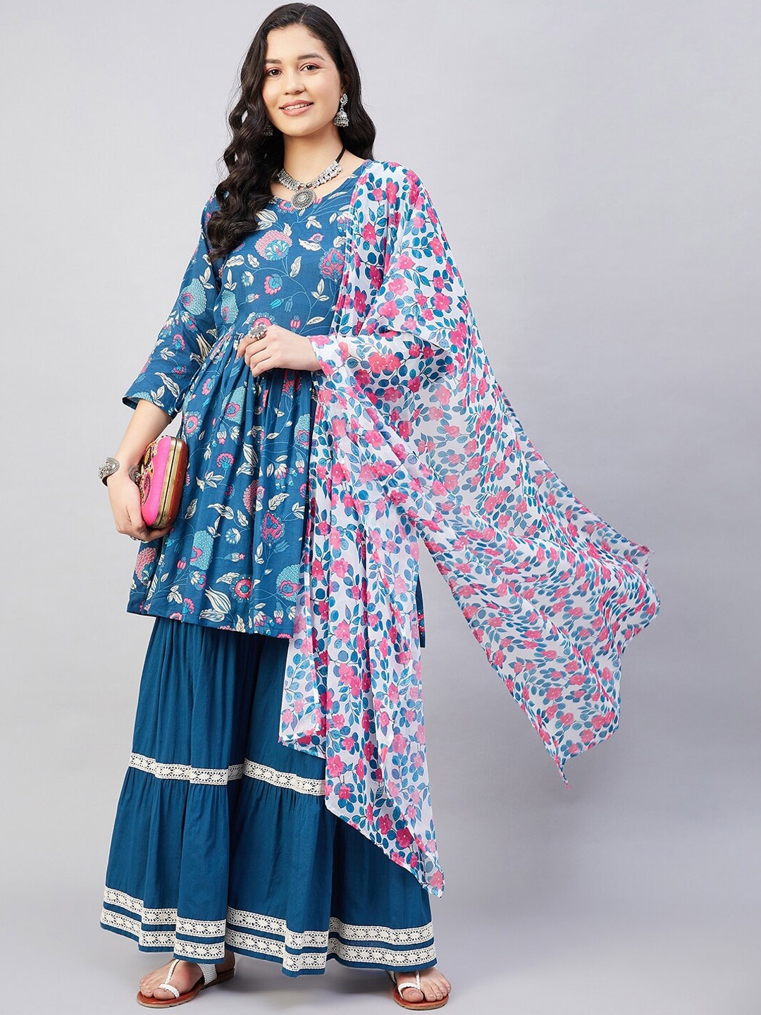 

InWeave Printed Empire Pure Cotton Kurta with Sharara & Dupatta, Blue