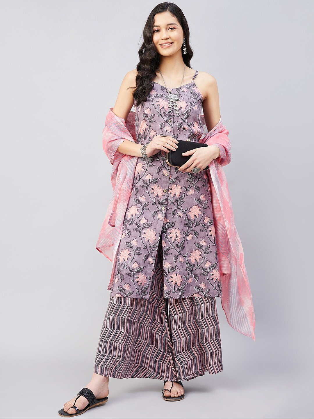 

InWeave Floral Printed Pure Cotton Kurta With Palazzos & Dupatta, Mauve