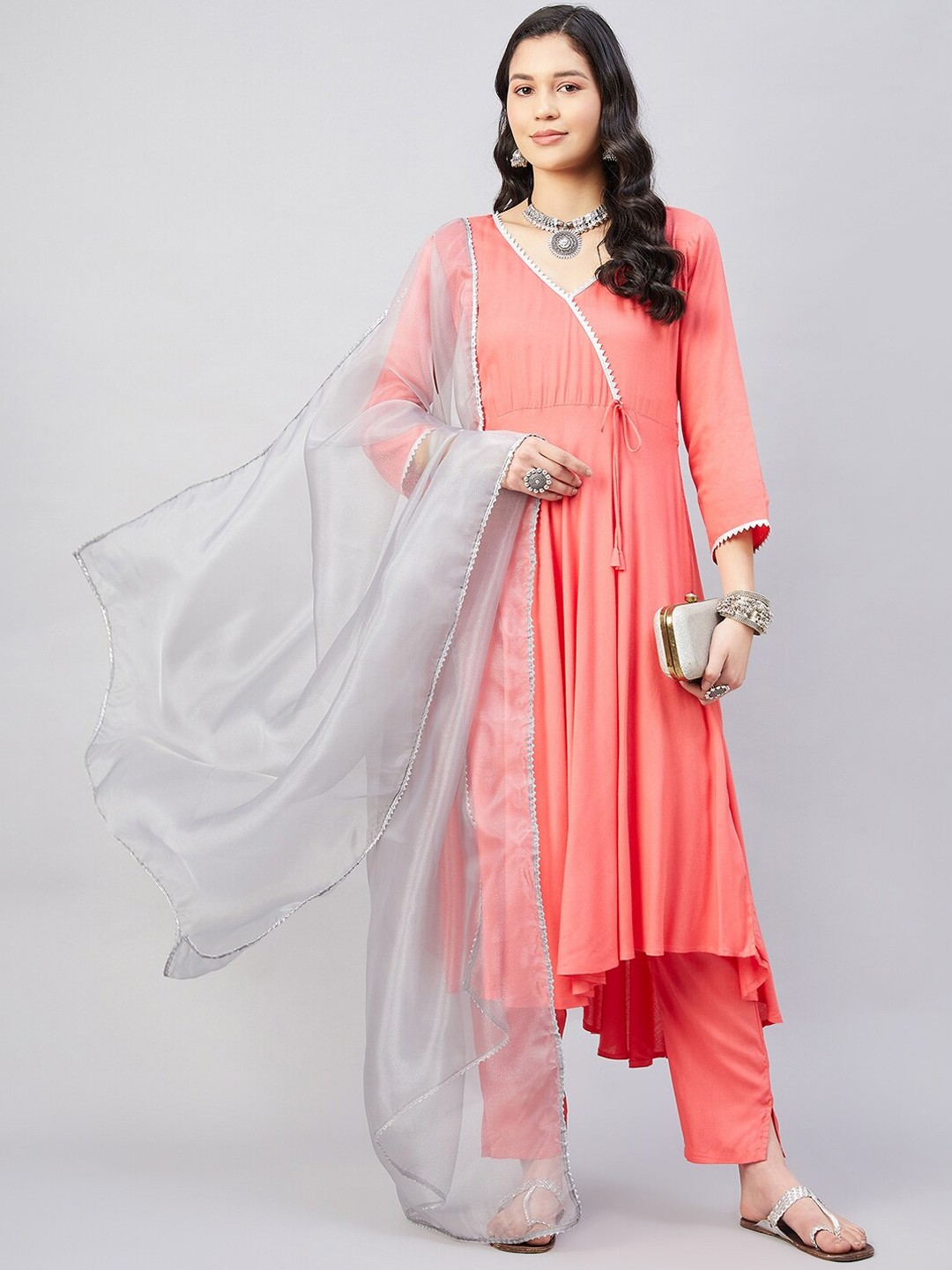 

InWeave Angrakha Gotta Patti Kurta With Trousers & Dupatta, Coral