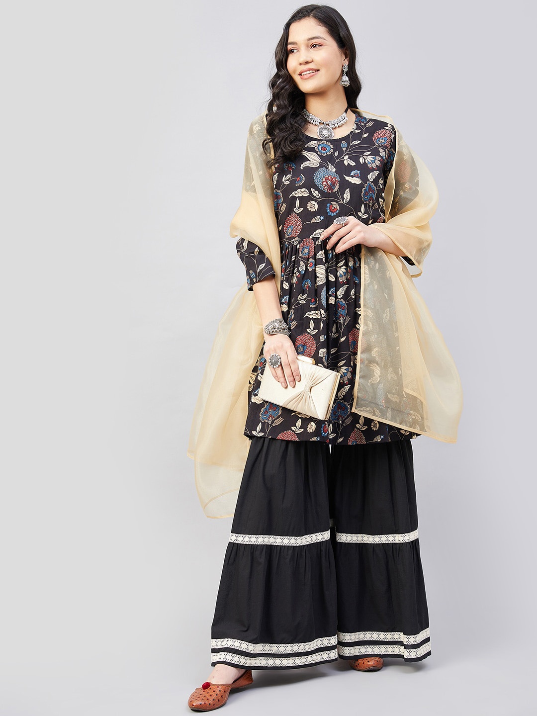 

InWeave Printed Pure Cotton Kurti with Sharara & With Dupatta, Black