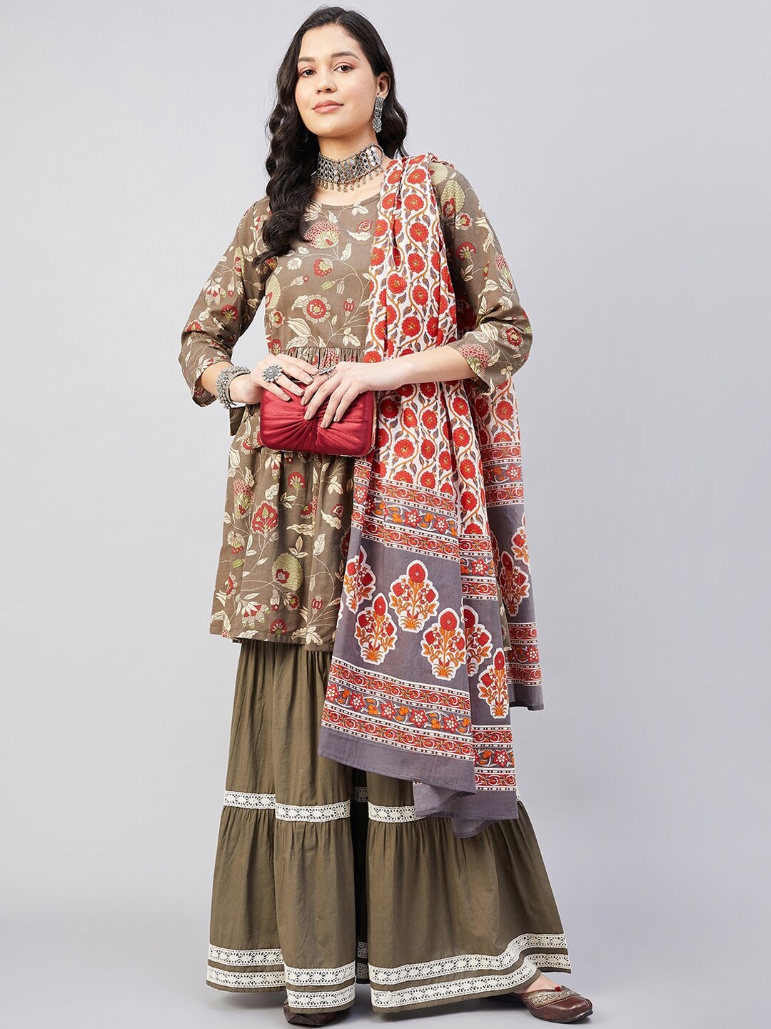 

InWeave Floral Printed Pure Cotton Kurti With Sharara & Dupatta, Olive