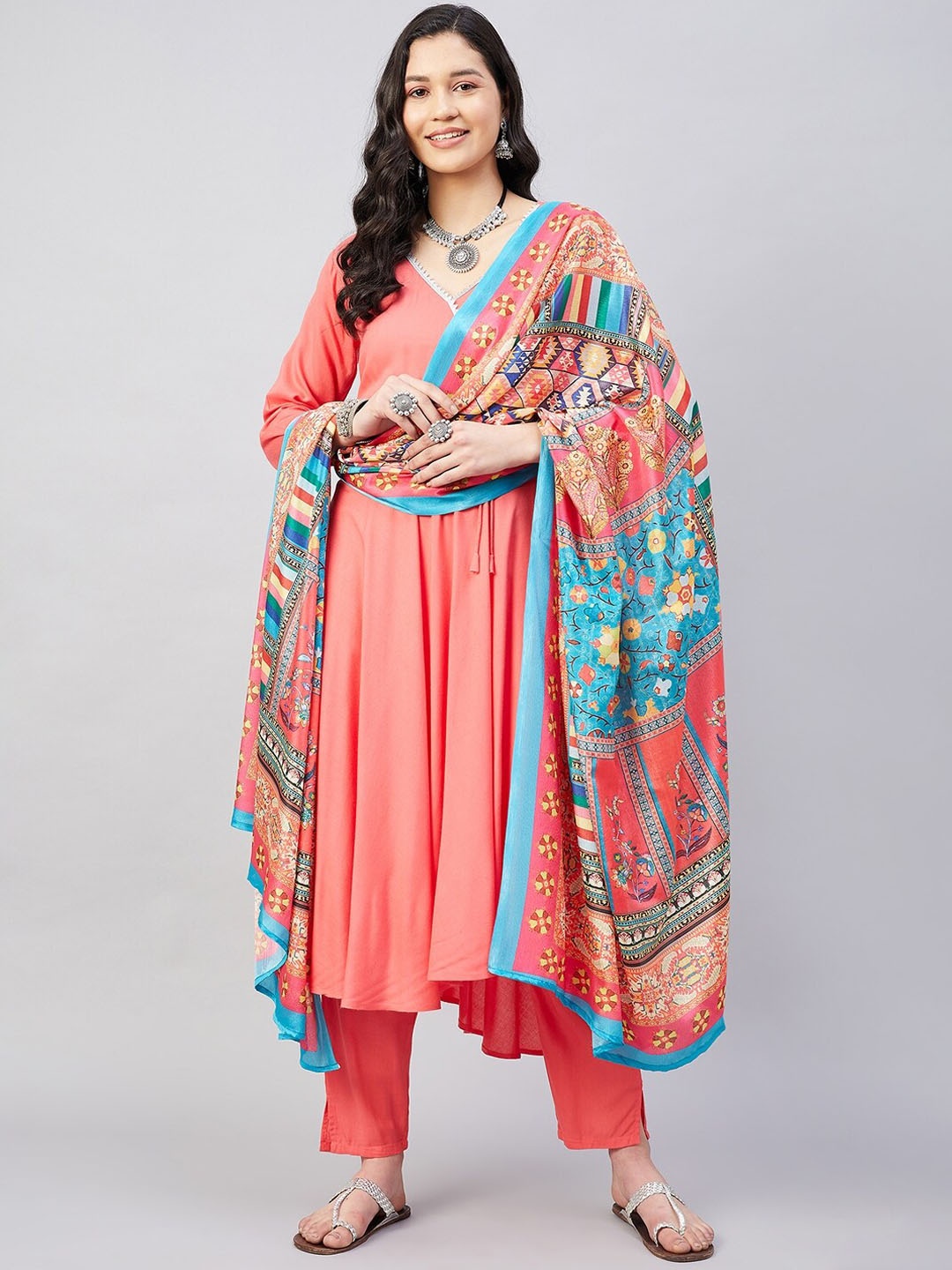

InWeave Angrakha Gotta Patti Kurta with Trousers & Dupatta, Coral